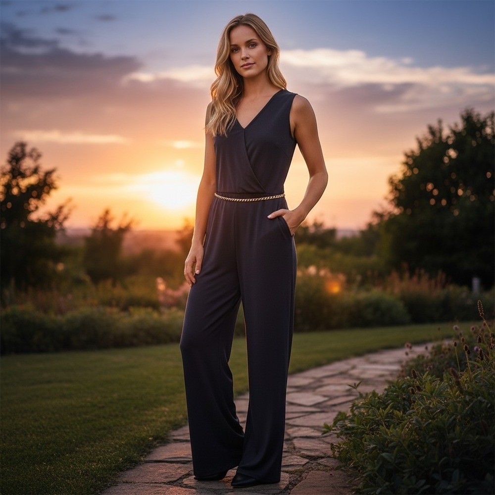 New Banana Republic Navy Blue Sleeveless Wide Leg Jumpsuit Gold Chain Size 4